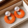 Elegant orange straw hoop earrings with large white pearl studs in a wooden jewelry box - 70# Silver Earring Post - Orange Straw Woven Ring White Pearl