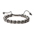 Handmade tiger eye hematite beaded bracelet with adjustable black braided cord on white background - Hematite A