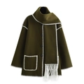Elegant dark green wool coat with white contrast stitching and matching fringe scarf - XS / Army Green