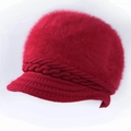 Winter deep red rabbit fur style knit beanie hat with fuzzy plush finish for women - One Size / Wave Pattern Rabbit Fur Red