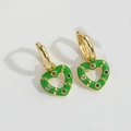 Vintage green enamel heart hoop earrings with colorful crystals and gold-plated finish - Green