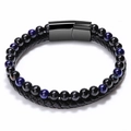 Men's double-layer bracelet with volcanic stone beads and black braided leather strap - Blue Sandstone