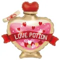 Golden Love Potion heart-shaped foil balloon with pink waves and 65x70cm dimensions - Love Potion Bottle