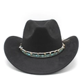 Dettaglio del cappello da cowboy con fascia etnica di perline turchesi e feltro - Nero Pelle Scamosciata