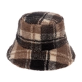 Plaid Fischerhut aus Kunstpelz in Braun und Weiß, warmes Winterfleece mit Textur - Braunes Karo