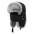 Black windproof trapper hat with grey faux fur lining and detachable face mask - One Size / Black