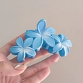 Matte sky blue gradient plumeria hair claw clip with three resin flowers held by hand - Blue Triple Flower Claw Clip