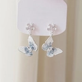 Detail view of silver butterfly earrings with blue gradient petals and crystal floral studs - Light Blue Gradient Butterfly Drop Style