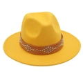 Close-up of bright yellow fedora hat with studded brown faux leather band and gold rivets - M (56-58cm) / Yellow
