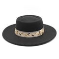 Classic black wool felt boater hat with 8.5cm wide flat brim and geometric woven band - M (56-58cm) / Black