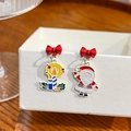 Asymmetric Christmas earrings featuring Santa Claus and red bow on white box edge - E5741-4 Bow Santa Candle