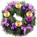 Purple festive Christmas wreath with pine cones, bows and four gold candle holders - 30cm Purple Flower