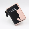 Close-up of pink cat silhouette and English text on black PU leather wallet - Short Style / Black