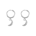 Macro detail of silver moon crescent pendants on hoop earrings with textured finish - Irregular Surface Moon Pendant Hoops - Steel Color