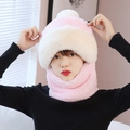 Pink plush winter hooded scarf set for women with thick faux fur lining for windproof warmth - Korean Integrated / Pink