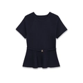 Marineblauwe gebreide top met korte mouwen, peplum zoom en smalle riem - S / Marineblauw