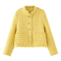 Classic yellow tweed jacket with textured weave and metallic buttons on white background - XS / Yellow