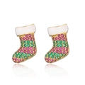 Detailed view of Christmas stocking earrings with red and green cubic zirconia and enamel - Gold Colorful Zircon Christmas Sock / 1 Pair