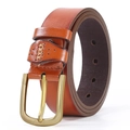 Classic men's brown faux leather belt with a golden alloy pin buckle and stitching - Style 4 (Striped Gold Buckle) / Camel
