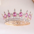 Detail of golden bridal crown with pink teardrop crystals and sparkling rhinestones - Gold Base + Dark Pink