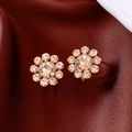 Detail of 14K gold plated flower stud earrings with champagne crystals on red silk - Silver Needle Real Gold Plated Ear Clip / Gold