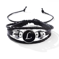 Classic black leather multi-layer bracelet featuring a round white script letter L charm - Letter-L