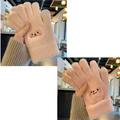 Pink winter knit gloves for women featuring cute bear embroidery and touchscreen fingertips - Gray And Khaki