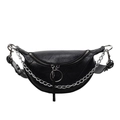 Minimalist black textured leather dumpling bag with silver chain and metal hardware - Black
