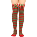 Detail of red and green striped over-knee socks with festive satin bows on white background - One Size / Red Green Bowknot Decor / Red Green Stripes