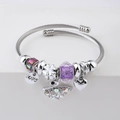 Chic silver beaded charm bracelet with crystal swan and heart charms on a white display - C2-004 Purple