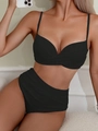Solid black two-piece bikini set featuring ribbed texture and high-waisted bottoms - S / Black