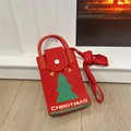 Detail of red knit Christmas tree phone bag with festive Merry Christmas embroidery - Christmas Tree Red Green