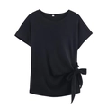 Détail du tissu à côtes noires avec nœud latéral élégant sur le bas du t-shirt - XS / Haut Noir