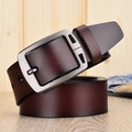Men's dark brown leather belt with brushed metal pin buckle on wooden background - Extended Size / Brown