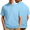 Men's sky blue waffle knit polo shirt with zipper neck shown in front and back views - Light Blue