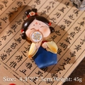 Miniature Chinese Tang lady figurine in blue and yellow hanfu with round fan, 7.5cm tall - Fanning Girl Fridge Magnet