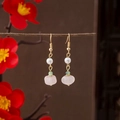 Pink carved flower earrings with gold hooks and green beads in traditional Chinese style - Pink-Gold Flower Bud Pearl Long (E4224-1)