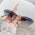 Rimless cat eye sunglasses with purple gradient lenses and gold metal temples - Gold Frame Blue to Yellow Gradient