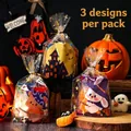 Halloween clear gift bags with castle and witch patterns and gold twist ties - Purple Halloween Combo - Small