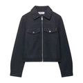 Women's dark gray zip-up bomber jacket with collar and chest pockets in wool texture - S / Black