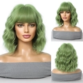 Short wavy green bob wig with bangs for women, professional three-sided display view - Green