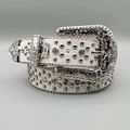 Detail of white leather western belt featuring silver studs and rhinestone engravings - White Strap Flower Buckle White Rhinestones