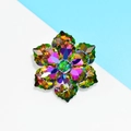 Vibrant crystal flower brooch with emerald center and colorful faceted petals - Double Green