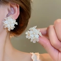 Detailed view of elegant white floral earrings with golden beads and tiny pearls decor - White Small Flower Cluster Studs (13#银针-白色)