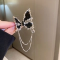 Detail of silver alloy butterfly brooch with black enamel, tassels, and sparkling rhinestones - 23# Brooch-Black-Butterfly