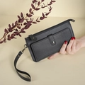 Minimalist black long wallet in faux leather with wrist strap and functional card slots - Black
