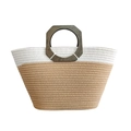 Zweifarbige gewebte Baumwoll-Tasche in Weiß und Hellbraun mit geometrischen Holzgriffen - Groß / Khaki Spleißen Weiß