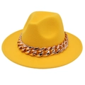 Detail of wide brim yellow wool fedora hat featuring a chunky gold acrylic chain link - M (56-58cm) / Yellow