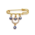 Spilla a balia dorata a forma di palmo con strass e ciondoli blu contro il malocchio - Spilla con cerchio di strass e occhi del diavolo blu scuro