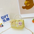 Yellow tweed kids handbag with pearl handle, bow decoration, and gold chain strap - Small Yellow